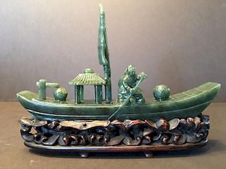 ANTIQUE Large Chinese Green Jade (BI Jade) Boat, 18th-19th Century