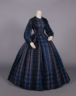 STRIPED PLAID SILK DAY DRESS, 1850s