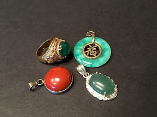 ANTIQUE Chinese RED Coral and Green Jade Pendants and Ring