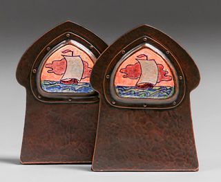 Boston Arts & Crafts Hammered Copper & Enamel Bookends c1905