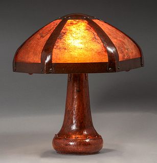 Extremely Rare B&M Shop Hammered Copper & Mica Rivetbase Lamp c1909-1910