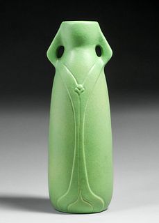 Tall Early Van Briggle Matte Green Two-Handled Vase 1903