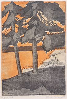 Alice M. Hirst Color Aquatint Twin Pine Trees c1920s