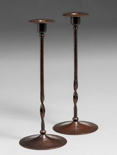 Tall Roycroft Hammered Copper Twist Candlesticks c1920s