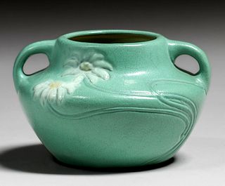 Weller Fru Russett Matte Green Daisies Two-Handled Vase c1910s