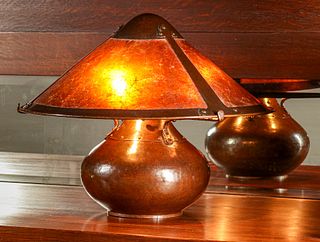Dirk van Erp Hammered Copper & Mica Three-Socket Lamp c1911-1912