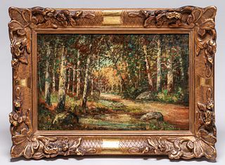 Arts & Crafts Period Birch Tree Landscape Painting c1910s