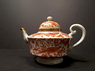 ANTIQUE Chinese Orange Sacred Bird & Butterfly Teapot, Ca 1810. 6 1/2" H x 9" wide