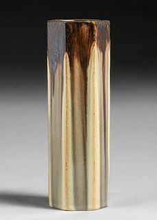 Fulper Pottery Seven-Sided Black Drip Cylinder Vase c1910s