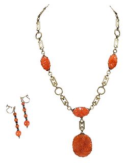 14kt. Carved Carnelian Necklace and Earrings