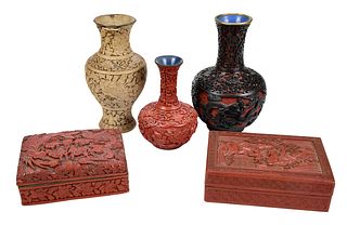 Group of Five Asian Carved Cinnabar and Wood Table Objects