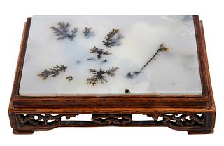 Chinese Moss Agate Plaque on Rosewood Stand
