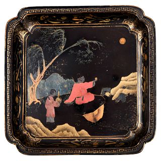 Chinese Small Square Polychrome Painted Black Lacquer Tray
