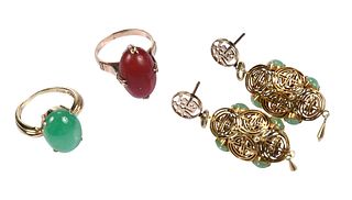 Jade Ring, Coral Ring, and Jade Lantern Earrings