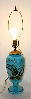 French blue opaline painted glass lamp