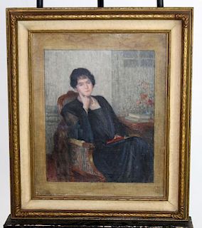 Oil on canvas woman seated with book