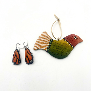 Monarch Earrings and Bird Ornament by Jeannie Galt