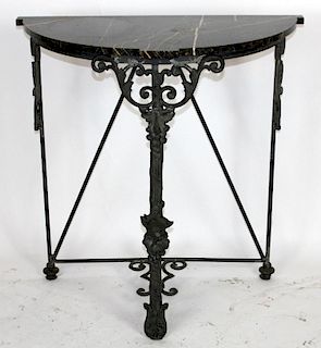 Wrought iron demi-lune console with marble