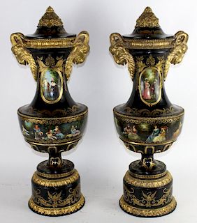 Pair of Venetian painted urns with ram's heads