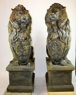 Pair of grand scale cast entry lions with shields