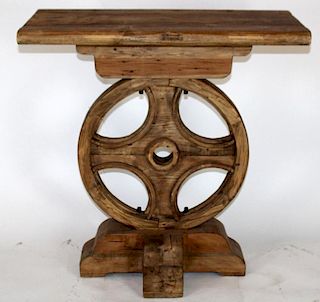 Rustic console with wheel form base
