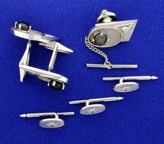 Diamond and Star Sapphire Cufflinks, Tie Tack, and Tuxedo Stud Set in 14k White Gold