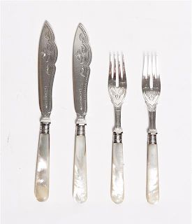 * A Set of Mother-of-Pearl Handled Silver-Plate Fish Servers, Length of case 13 3/4 inches.