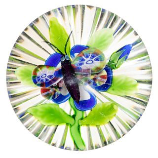 UNIQUE ANTIQUE BACCARAT BUTTERFLY AND WALLFLOWER LAMPWORK ART GLASS PAPERWEIGHT