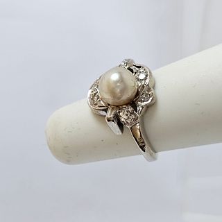 Cultured Pearl, Diamond, 14k White Gold Ring