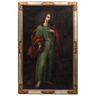 SAN JUAN EVANGELISTA. MÉXICO, SIGLO XVIII. Óleo sobre tela. 168 x 101 cm
