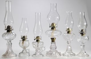 Six Pressed Glass Oil Lamps