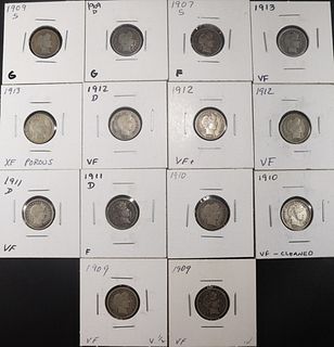 (14) BARBER DIMES MOSTLY VF, SOME BETTER DATES