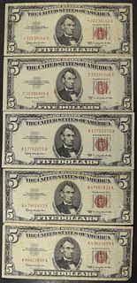 1953 & (4) 1963 $5 RED SEALS INCLUDES 1 1963 STAR