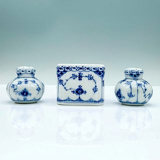 3pc Royal Copenhagen Blue Fluted Salt Shakers and Inkwell