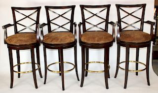 Set of 4 leather & mahogany swivel bar stools