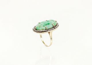 14K Carved Jade Pearl Ring