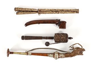 4 Tibetan Artifacts, Dragon Horn, Rattle, Pipe, Dining Knife