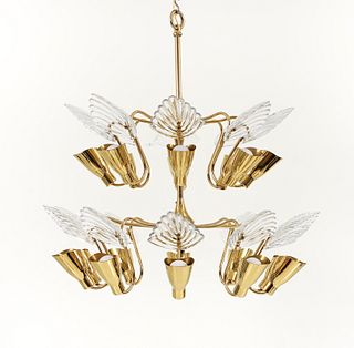 Duquesne Club Brass and Scalloped Glass Chandelier 