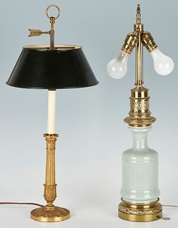 2 Gilt Bronze Table Lamps, Gagneau & Candlestick Form