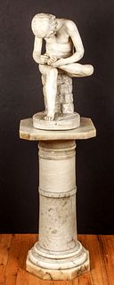 Boy With Thorn Spinario Marble Statue and Pedestal