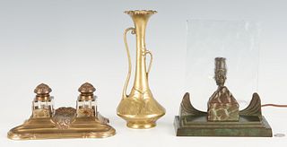 Art Deco Bronze Lamp & Inkwells plus Vase, 3 items