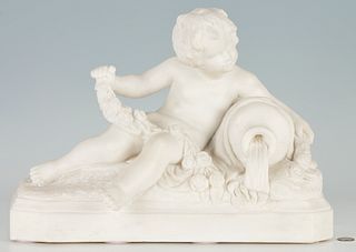 Continental Marble Sculpture, Putto w/ Flowing Urn