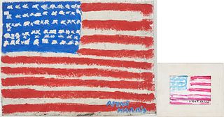 2 Alyne Harris Folk Art American Flag Paintings