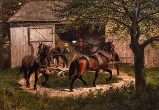 Clarence M. Johns 1878 oil Threshing the Hay