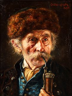 Gustav Kohler oil Man Smoking Pipe with Fur Hat