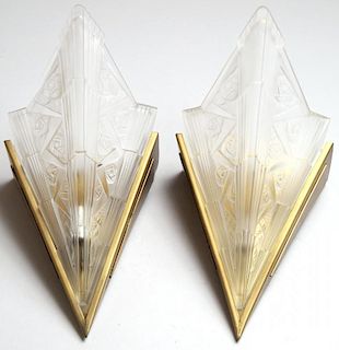 Pair of Art Deco-Style Brass & Glass Sconces