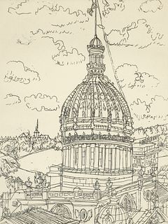 Henry Koerner 1970 etching Courthouse Greensburg, Pa.