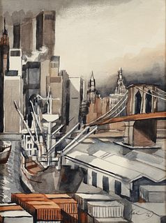 Henry Koerner New York Skyline Watercolor 1976