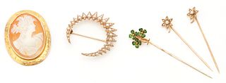 5 Ladies' Gold Brooch & Stick Pin Items