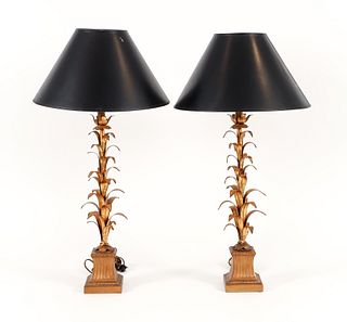 Pair of Decorator Gold Tone Leaf Motif Table Lamps 